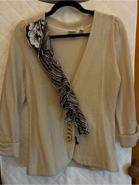 Anthropologie Women’s Cream Cardigan  with silk ruffle trim